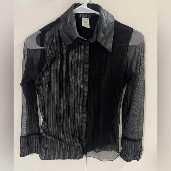 Vintage Isabel Sheer Leather Trim Button Up Collared Glam Y2K Blouse Women’s XS - Picture 1 of 10